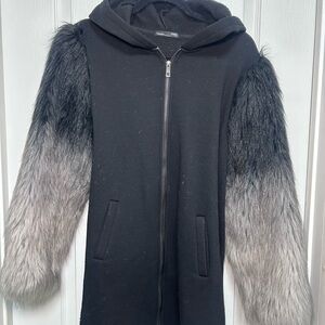 Black Hooded Zip hoodie with Ombre Faux Fur Sleeves